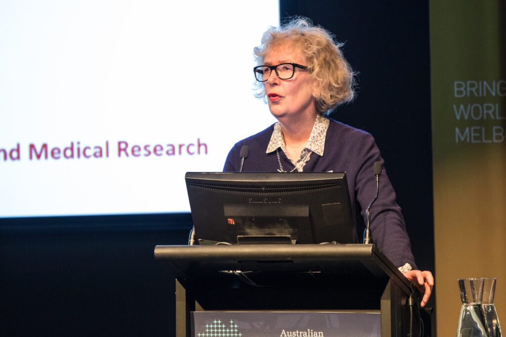 Professor Christina Mitchell AO FAHMS speaks to guests at the 2017 Life as a Clinician-Scientist Victoria symposium.